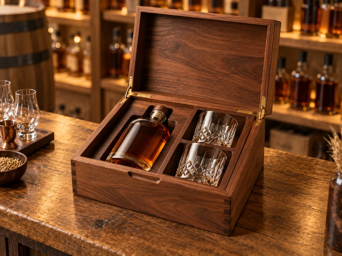 Walnut whisky gift chest open on a distillery shop counter with bottle and two tumblers — AI concept