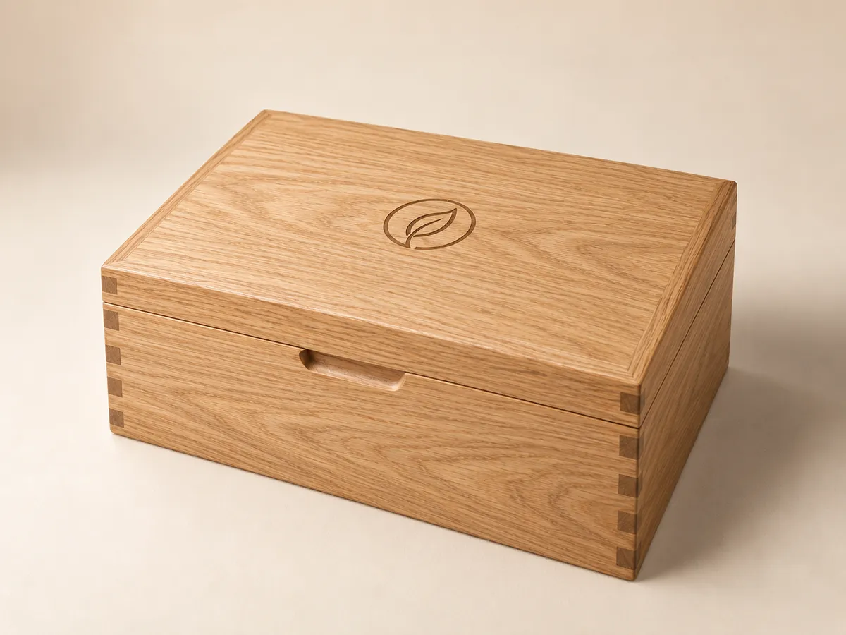 Oak whisky gift chest with brass hinges and a small engraved mark on the closed lid — AI concept