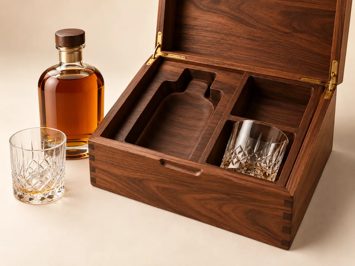 Open walnut whisky chest with the bottle and one tumbler lifted out, showing the shaped insert recesses — AI concept