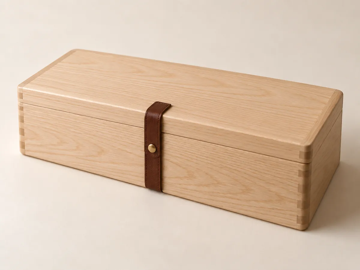 Ash single-bottle wine box with the lid closed and the leather strap fastened — AI concept