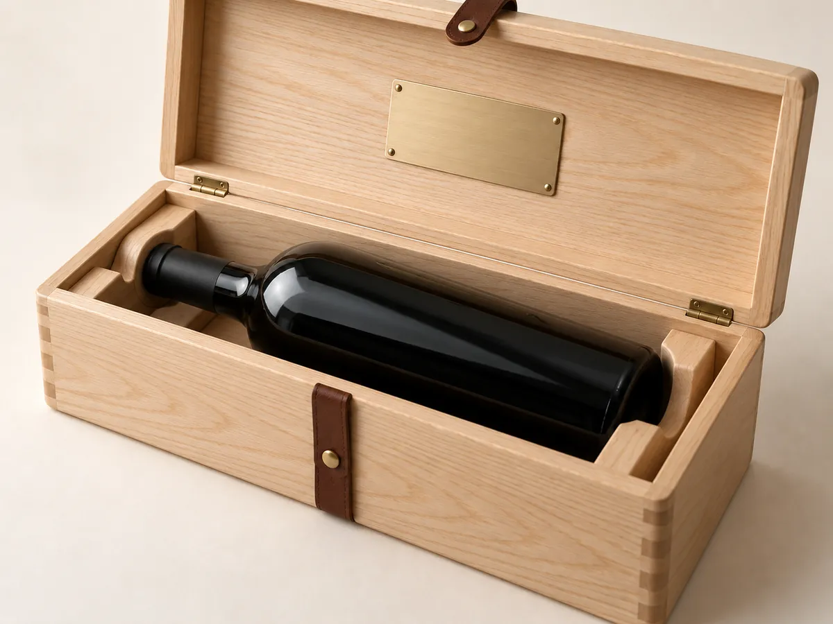 Ash single-bottle wine box with the lid open, showing the cradle, brass plate and visible corner joints — AI concept