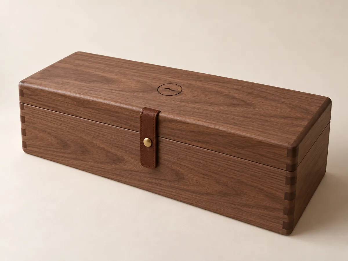 Walnut single-bottle wine box with a simple engraved mark on the closed lid — AI concept