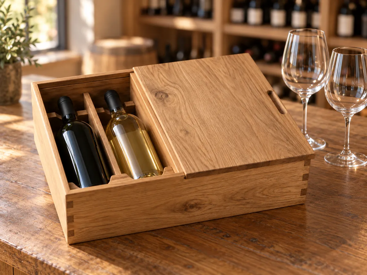 Oak two-bottle wine box with a blank lid on a tasting-room counter, half open over a red and a white bottle — AI concept
