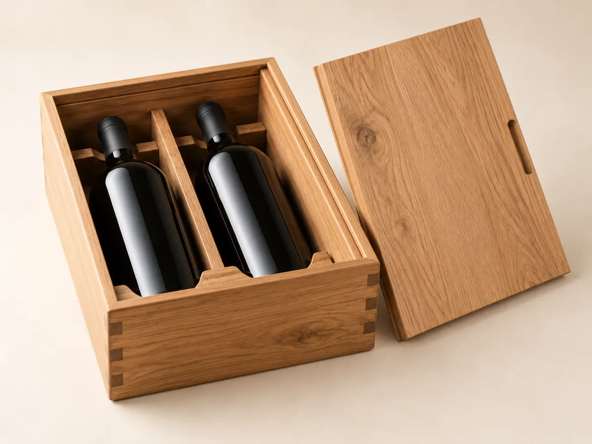 Oak two-bottle wine box with its blank sliding lid off, showing the partition between two unlabelled bottles and the lid grooves — AI concept