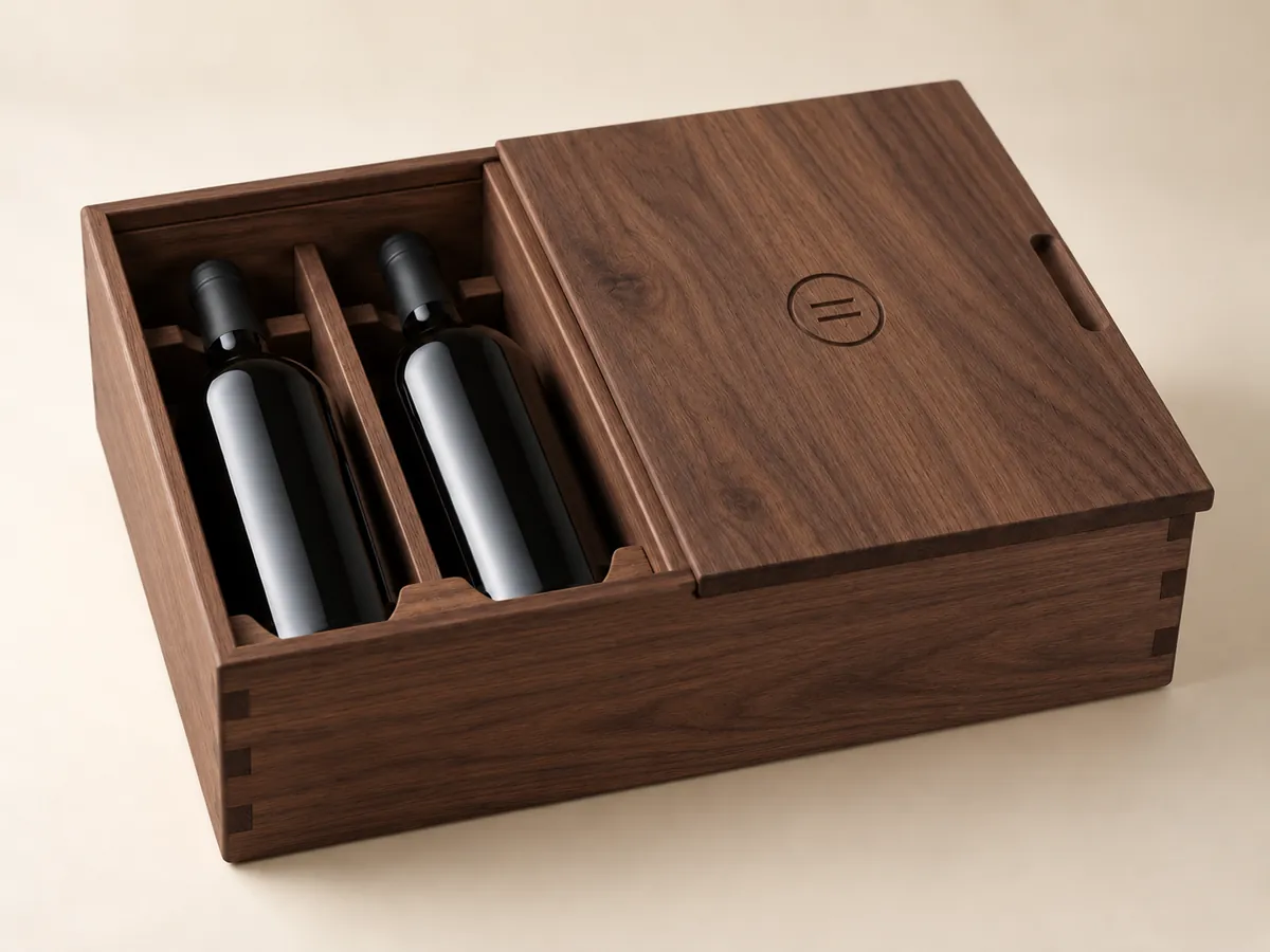Walnut two-bottle wine box with the sliding lid part open over two bottles and a simple engraved mark on the lid — AI concept