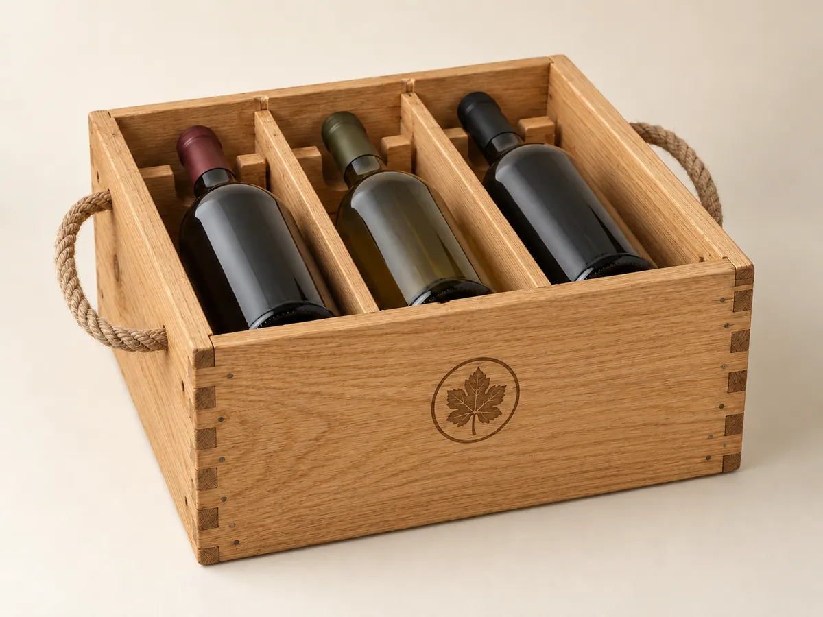 Oak three-bottle wine crate with rope handles, bottles lying in their slots and an engraved leaf mark on the front panel — AI concept
