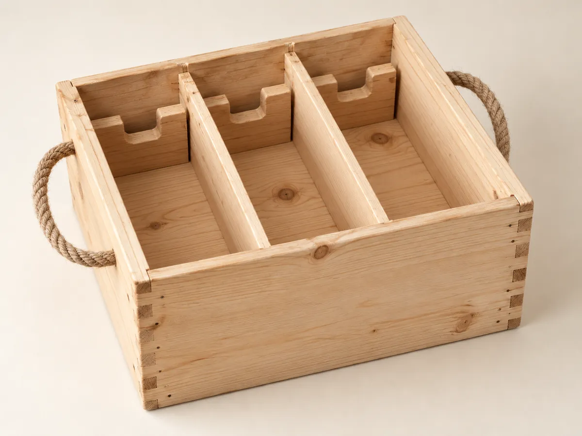 Empty pine three-bottle wine crate seen from above, showing the slots, visible joinery and a rope handle — AI concept