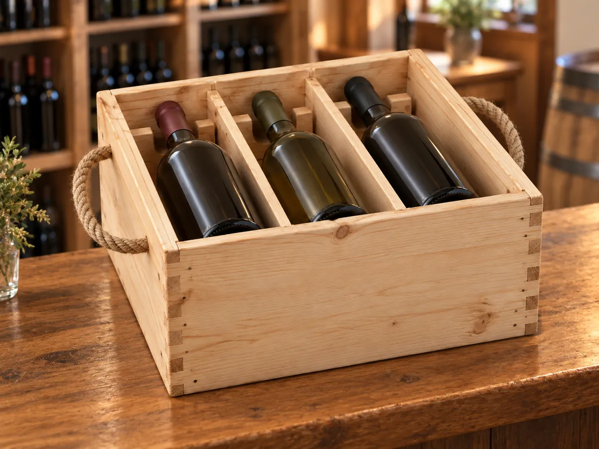 Pine three-bottle wine crate with rope handles on a tasting-room counter, shelves blurred behind — AI concept