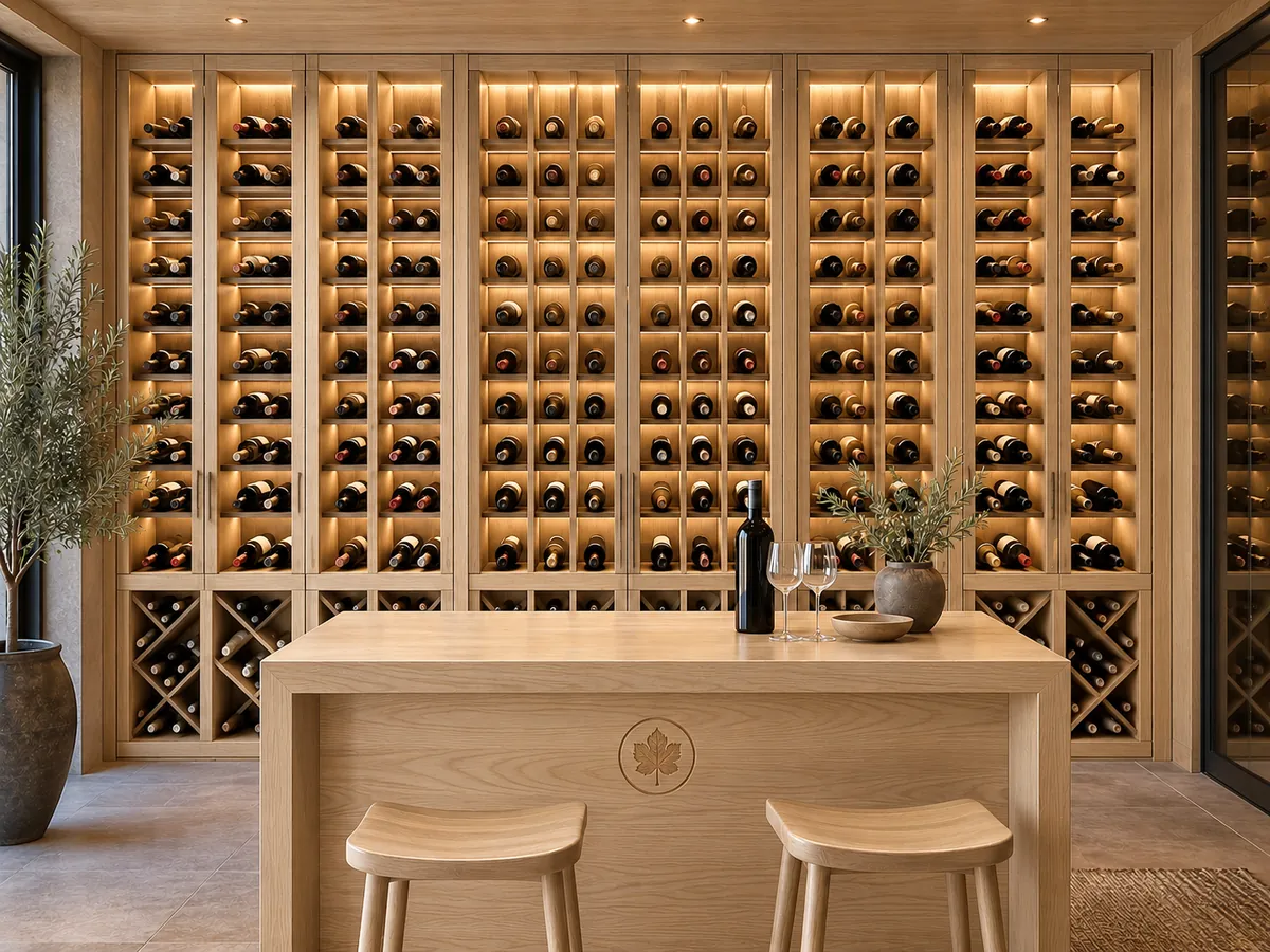 Pale ash wine wall with bottle cradles and an engraved mark on the tasting counter — AI concept
