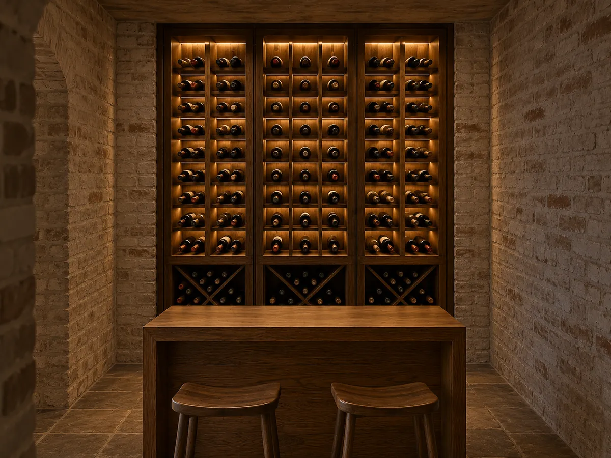 Narrower oak wine wall with lit bottle cradles in a brick home cellar alcove — AI concept