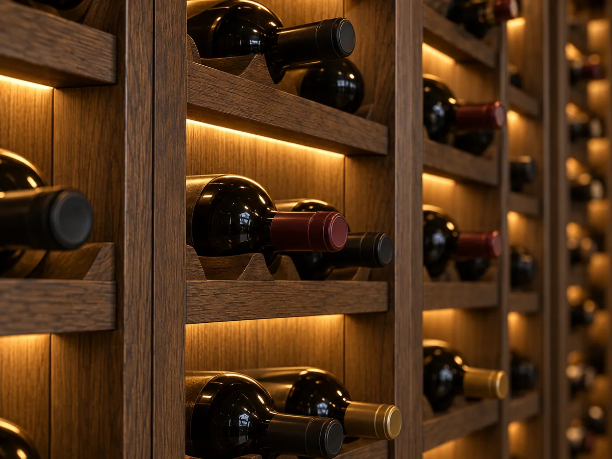 Close-up of dark-stained oak bottle cradles with warm strip light under each row — AI concept