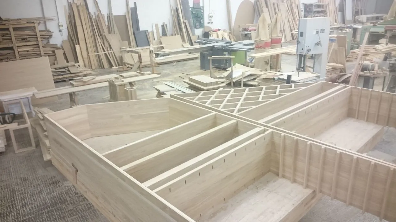 Lattice frames for the racking, cut and assembled in raw wood
