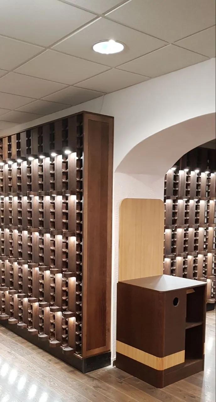 Arched room lined with lit racking
