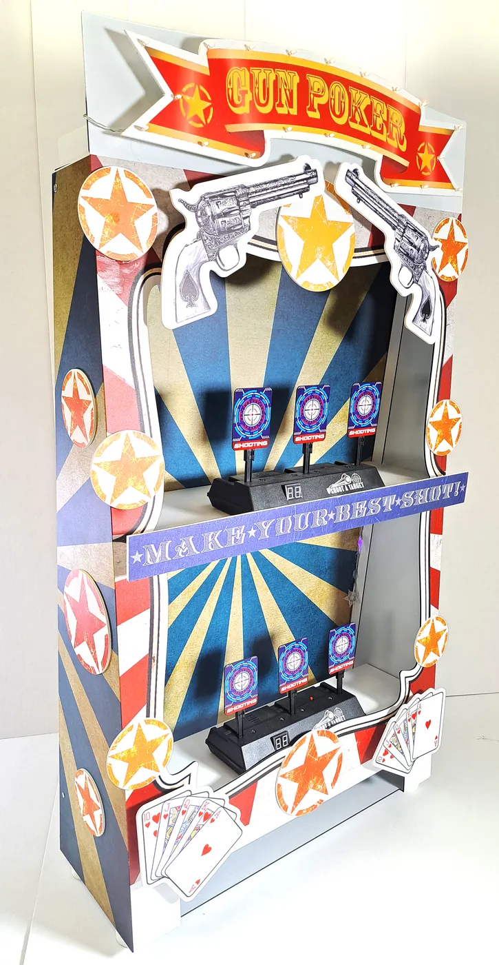 Printed shooting-game stand decorated with stars and playing cards, with two tiers of electronic targets