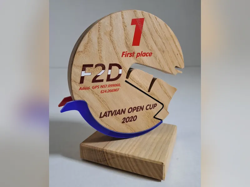 Wooden first-place trophy shaped like a disc with a cut-out track and a blue acrylic wave, on a wooden base