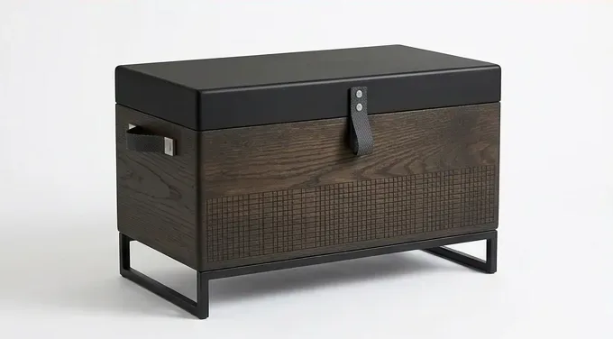 Charcoal chest on a steel frame — AI design, built to order