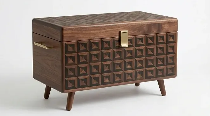 Pale wood chest, diamond lattice — AI design, built to order