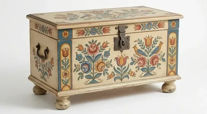 Folk chest, hand-painted birds — AI design, built to order