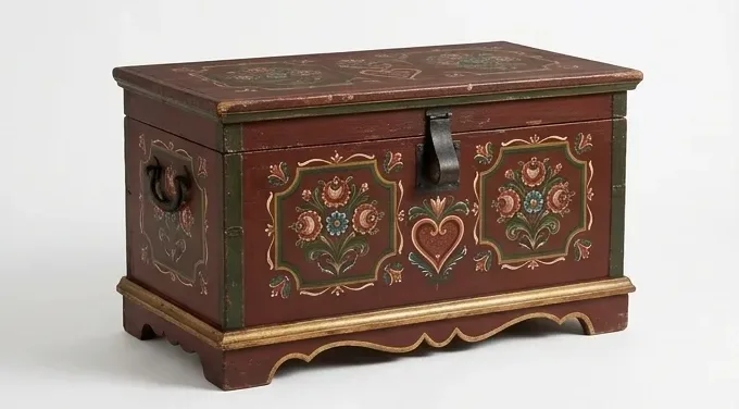 Red folk chest, painted blooms — AI design, built to order