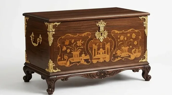 Inlaid chest, heraldic marquetry — AI design, built to order