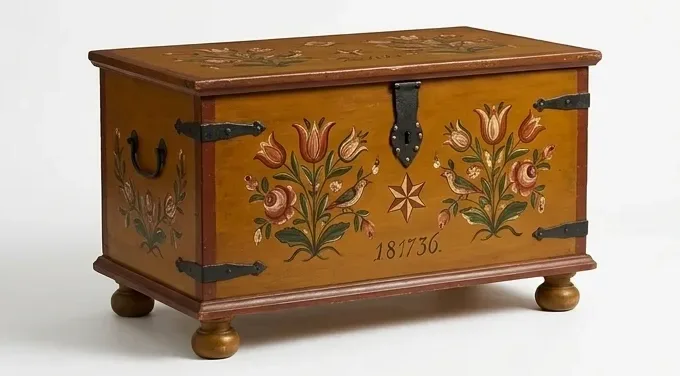 Ochre folk chest, painted tulips — AI design, built to order